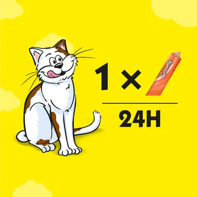 Feeding guide showing one Creamy stick per 24 hours, with an illustrated cat beside the product.