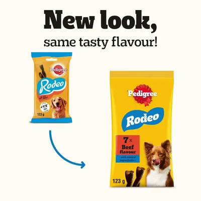 Pedigree Rodeo Packaging change: old and new design, both with 123 g, beef flavour. Text: New look, same tasty flavour!
