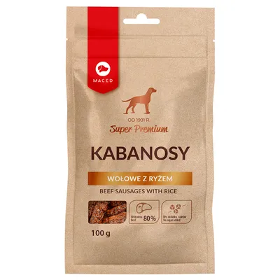 Maced Super Premium Kabanosy Wołowe z ryżem, beef sausages with rice, 80 % bœuf, sans sucres ajoutés, sachet de 100 g. Texte en polonais et anglais.