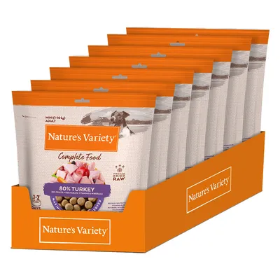 Nature's Variety Complete Food, Mini (1-10 kg) Adult, 80 % puran, liofiliziran, z dodatkom sadja, zelenjave, vitaminov in mineralov. Pakiranje v oranžni škatli.