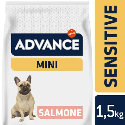 Pachet ADVANCE MINI SENSITIVE, 1,5 kg, SALMONE, cu imagine de câine pe ambalaj. Marcă affinity vizibilă.