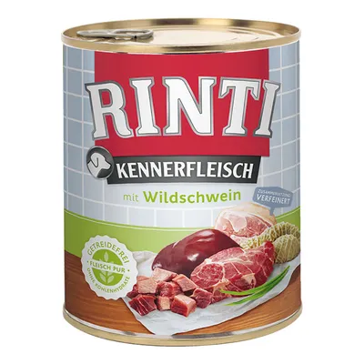 Konzerva Rinti Kennerfleisch mit Wildschwein. Na slici su komadi mesa, jetre i oznake: Getreidefrei, Fleisch pur, ohne Kohlenhydrate. Tekst na njemačkom jeziku.