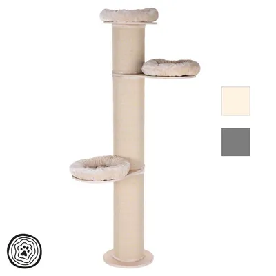 Cat tree with three resting platforms and beige sisal post. Colour options: beige and grey.