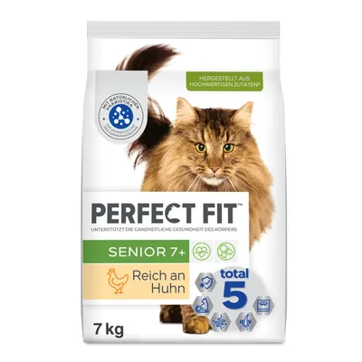 Perfect Fit Senior 7+ karma dla kotów, bogata w kurczaka, z naturalnymi probiotykami, z wysokiej jakości składników, opakowanie 7 kg.