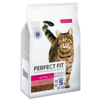 Опаковка Perfect Fit Active 1+ за котки, Rich in Beef, total 5, с изображение на кафява тигрова котка. Видими са икони за хранителни ползи и текст: Supports whole body health.