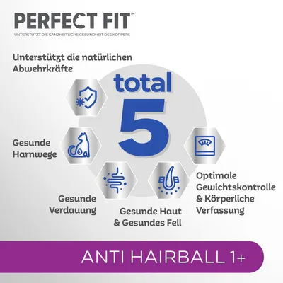 Perfect Fit Anti Hairball 1+. Unterstützt natürliche Abwehrkräfte, gesunde Harnwege, Verdauung, Haut & Fell sowie optimale Gewichtskontrolle. Total 5 Vorteile.