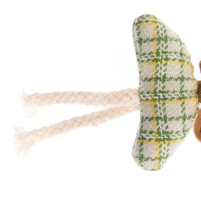 Fabric toy with green and yellow check pattern and two braided ropes.