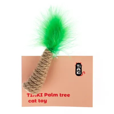 Tiaki Palm Tree juguete para gatos con adorno de plumas verdes y diseño de cuerda de yute, sobre fondo rosa.