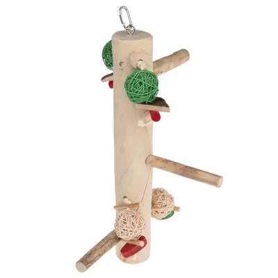 Giocattolo in legno con sfere verdi e beige, accenti rossi e gancio in metallo per il fissaggio.