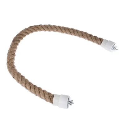 Curved rope made of natural material with white plastic end pieces and screw threads, suitable for fastening or accessory mounting.