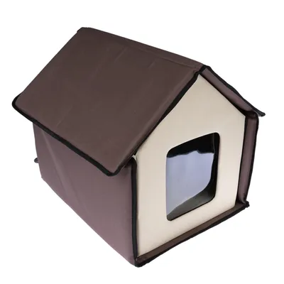 Brown and beige foldable pet house with side window.