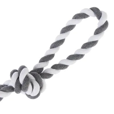 Spielzeugseil aus grau-weissem Baumwollmaterial mit Knoten und Schlaufe, geeignet für Zieh- und Wurfspiele.