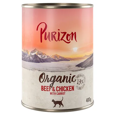 Purizon Organic Beef & Chicken s mrkvou, 13 % bielkovín, 75 % mäsa a vnútorností, 400 g konzerva. Viditeľný symbol mačky.