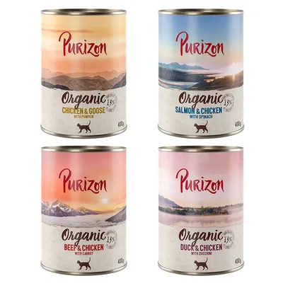 Purizon Organic mokra karma, warianty: Chicken & Goose z dynią, Salmon & Chicken ze szpinakiem, Beef & Chicken z marchewką, Duck & Chicken z cukinią, puszki 400g.