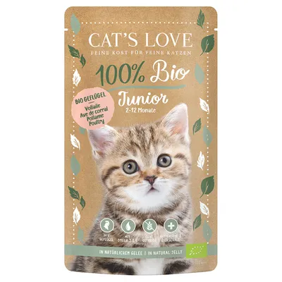 Cat's Love Junior 100% bio drůbeží pro kočky od 2 do 12 měsíců, s omega 3 a 6, bez obilovin, s taurinem a vaječnou skořápkou, v přírodním želé. Bio certifikát DE-ÖKO-001.