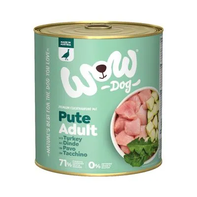 WOW Dog Pute Adult natvoer voor honden, met kalkoen. Tekst: 71% vlees & bijproducten, 0% granen en gluten. Made in Austria. Afbeelding van stukjes vlees en groenten op het etiket.