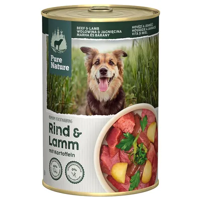 Pure Nature Premium nedves eledel marha és bárány burgonyával. 62% állati összetevő, 0% gabona, gluténmentes.