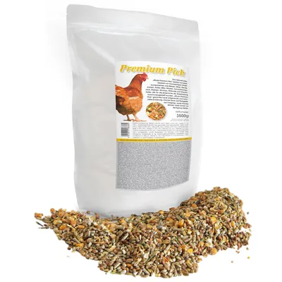 Pungă de 3500 g cu amestec de semințe pentru păsări, etichetă cu text Premium Pick și imagine găină. Semințele sunt vizibile în fața ambalajului.