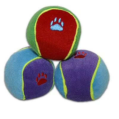Three soft, colourful balls with paw print designs, shown in blue, red, and purple sections. Suitable for play or fetch activities.