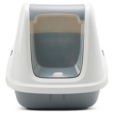 Geschlossene Katzentoilette mit grauem Deckel und transparenter Klapptür, geeignet für diskrete Nutzung.