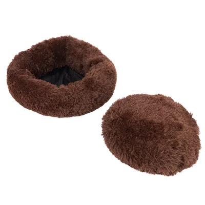 Braunes, rundes Kuschelbett mit weichem Plüschbezug und schwarzer Innenfläche. Zwei Ansichten: geöffnet und geschlossen.