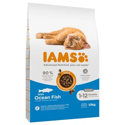 IAMS cat food for kittens, ocean fish, 90% animal protein, 100% balanced nutrition, suitable for 1-12 months, wheat-free, 10kg pack.
