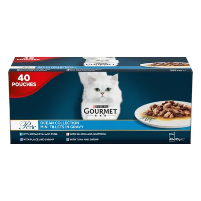 Box of 40 pouches, ocean collection mini fillets in gravy with ocean fish and tuna, salmon and whitefish, plaice and shrimp, tuna and shrimp. Each pouch 85g.