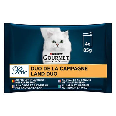 Purina Gourmet Perle Duo de la Campagne Land Duo, 4×85 g. Francúzsky text: au poulet et au bœuf, à la dinde et à l’agneau, au veau et au canard, au lapin et au gibier.