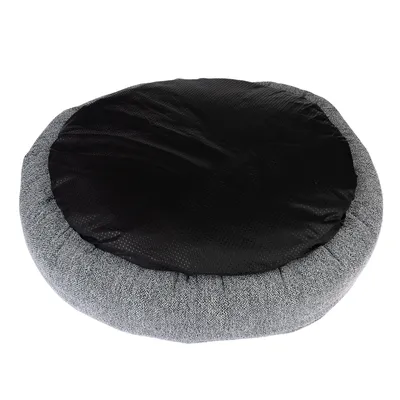 Letto rotondo per pet con bordo in tessuto grigio e superficie di riposo nera imbottita.