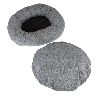 Letto per pet grigio, rotondo, con imbottitura morbida e rivestimento rimovibile. Due viste: aperto e chiuso.