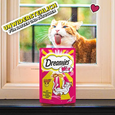 Dreamies Mix z okusnim sirom in govedino. Nepremagljivo za mačke in mladiče.