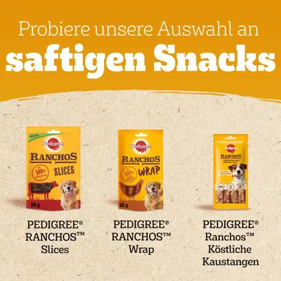 Tekst na njemačkom: Probiere unsere Auswahl an saftigen Snacks. Prikaz tri proizvoda: PEDIGREE RANCHOS Slices 60 g, PEDIGREE RANCHOS Wrap 40 g, PEDIGREE Ranchos Köstliche Kaustangen.