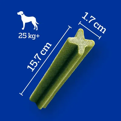 Baton verde pentru câini, dimensiuni: 15,7 cm lungime, 1,7 cm grosime. Pictogramă cu câine și text: 25 kg+.