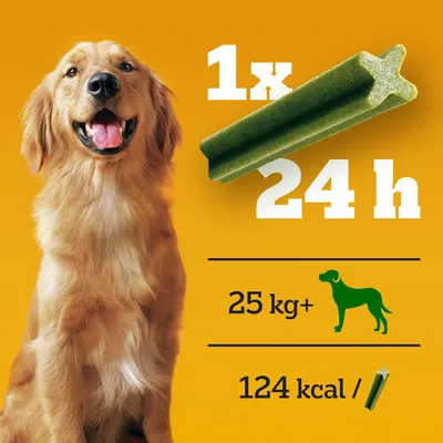Instrucțiuni vizibile: 1 baton pe zi pentru câini peste 25 kg, 124 kcal per baton. Imagine cu un câine și un baton verde pe fundal portocaliu.