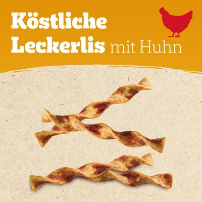 Köstliche Leckerlis mit Huhn. Gedrehte Snacks aus Hühnchenfleisch, ideal als Belohnung für Haustiere.
