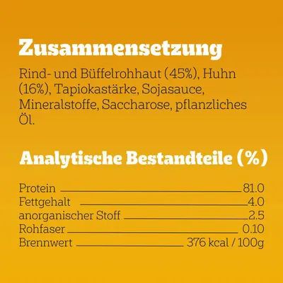 Tekst na njemačkom: sastav sadrži goveđu i bivolju sirovu kožu (45%), piletinu (16%), tapioku, sojin umak, minerale, saharozu, biljno ulje. Analiza: proteini 81 %, mast 4 %, energija 376 kcal/100g.