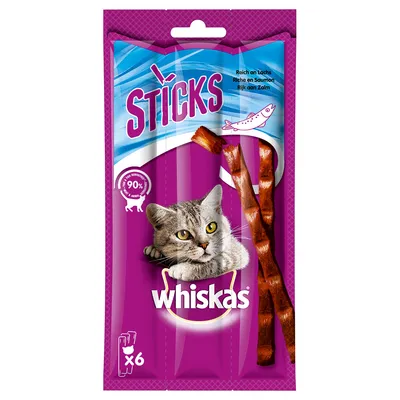 Whiskas Sticks, rich in salmon, 90% animal protein, pack of 6 sticks.