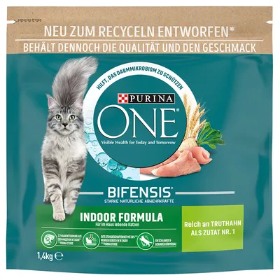 Purina ONE Bifensis Indoor Formula pentru pisici de interior, bogat în curcan. Nou design reciclabil, protejează microbiomul intestinal, imunitate puternică, pachet 1,4kg.