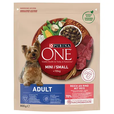Purina ONE Mini/Small Adult, говядина с рисом, для собак до 10 кг. Поддерживает иммунитет и пищеварение. Упаковка 800 г, 70% ингредиентов животного происхождения, перерабатываемая упаковка.