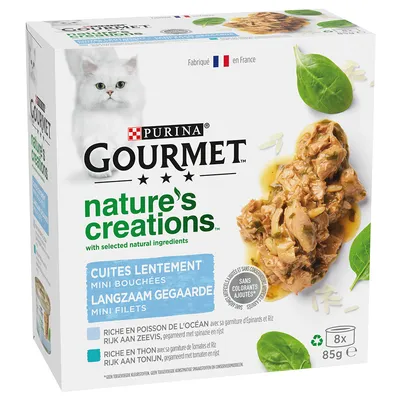 Purina Gourmet Nature's Creations, бавно сготвени мини-филета с натурални съставки. Произведено във Франция. Без добавени оцветители. Опаковка 8x85g.
