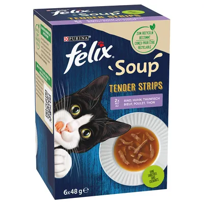 Purina Felix Soup Tender Strips, 6x48g. Sorten: Rind, Huhn, Thunfisch. Ohne künstliche Farbstoffe. Verpackung zum Recyceln bestimmt.