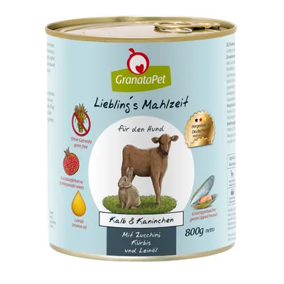 Konzerva GranataPet Liebling's Mahlzeit pro psy, Kalb & Kaninchen, 800 g. Bez obilovin, s granátovým jablkem, lněným olejem, cuketou, dýní a zelenou mušlí. Vyrobeno v Německu.
