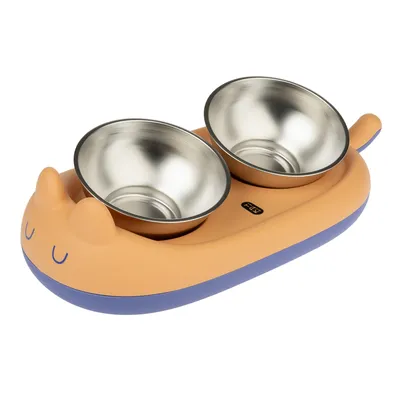 Double bowl with orange cat motif, two removable stainless steel bowls and blue base.