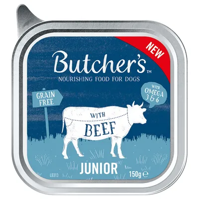 Butcher's Nourishing Food for Dogs, Junior, cu vită, fără cereale, cu Omega 3 & 6, 150g. Text în limba engleză pe ambalaj.