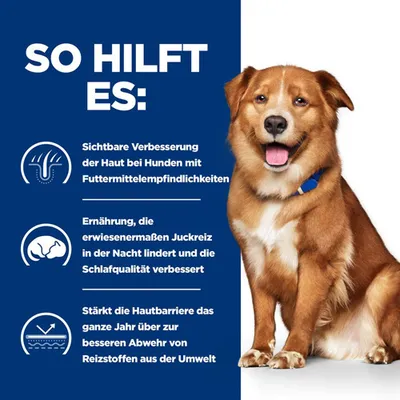 So hilft es: Sichtbare Verbesserung der Haut bei Hunden mit Futtermittelunverträglichkeiten. Ernährung lindert nächtlichen Juckreiz, stärkt Hautbarriere gegen Umweltreizstoffe.