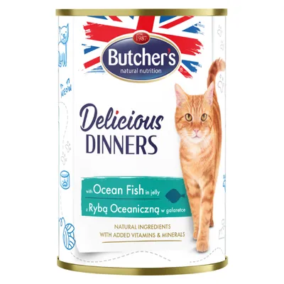 Butcher's Delicious Dinners z Rybą Oceaniczną w galarecie, naturalne składniki, dodatki witamin i minerałów, puszka z wizerunkiem kota na tle flagi brytyjskiej