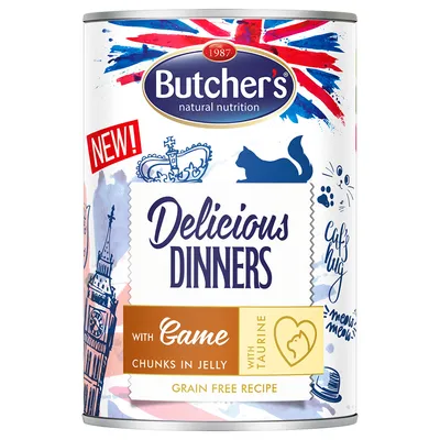 Консервы Butcher's Delicious Dinners with Game Chunks in Jelly, с таурином, без зерна. Надпись NEW! и изображение кошки на упаковке.