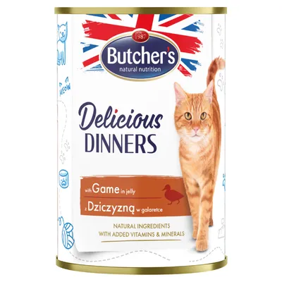 Butcher's Delicious Dinners z dziczyzną w galarecie, naturalne składniki z dodatkiem witamin i minerałów. Na opakowaniu widoczny rudy kot.