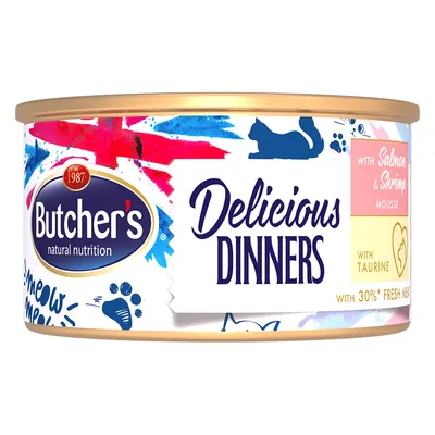 Butcher's Delicious Dinners, мусс с лососем и креветками, содержит таурин и 30% свежего мяса.