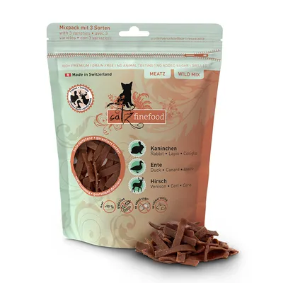 Catz Finefood микс пакет с 3 вида: заек, патица, елен. Произведено в Швейцария, без добавена захар, без тестове върху животни, с повторно затваряне, гриловано, без зърнени.